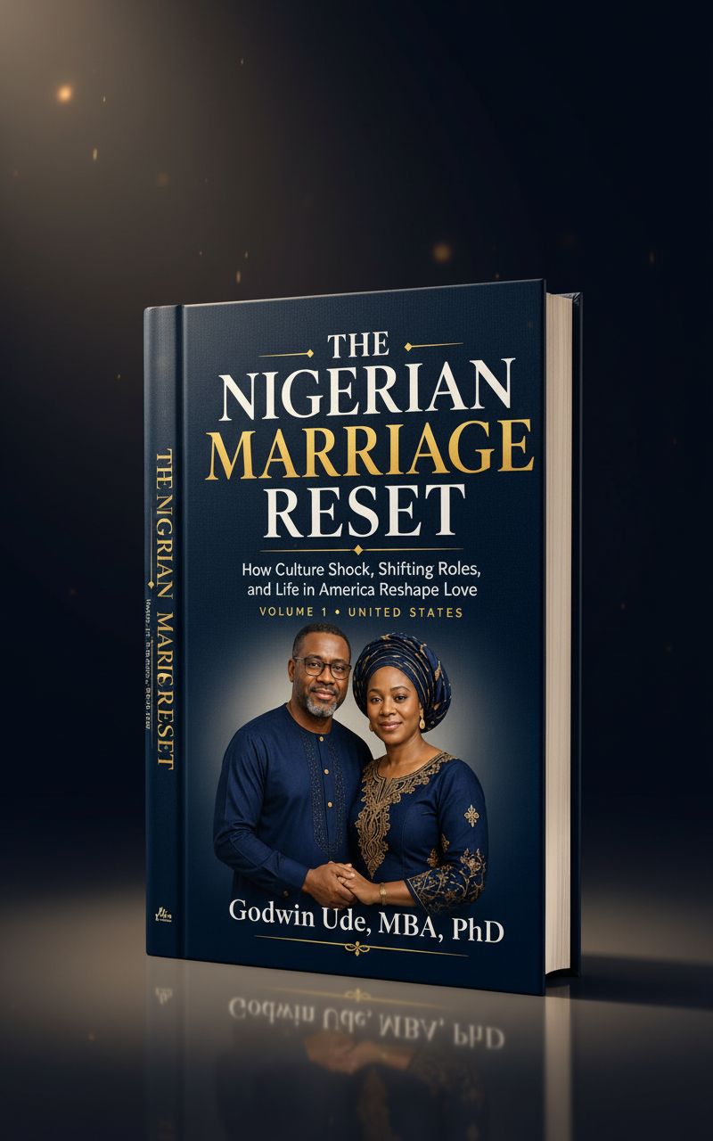 Promotional 3D book presentation for The Nigerian Marriage Reset United States edition