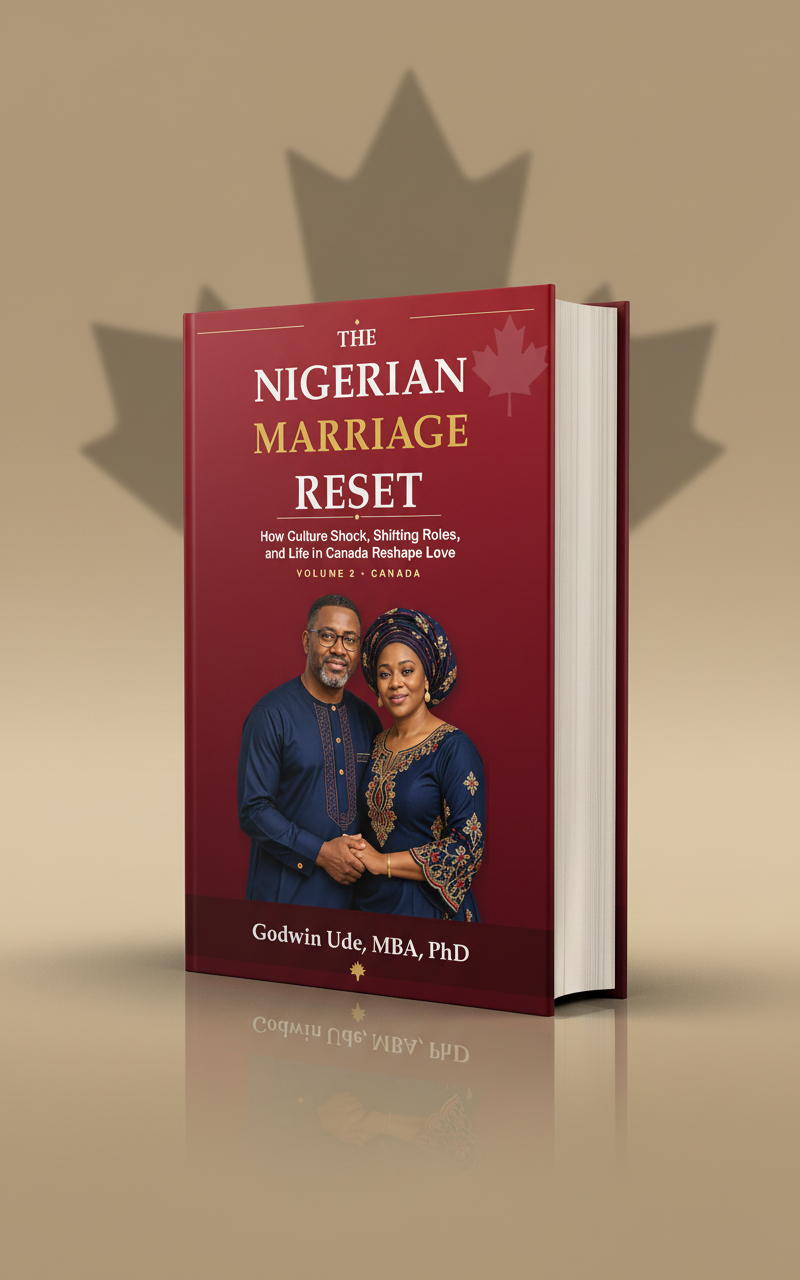 Promotional 3D book presentation for The Nigerian Marriage Reset Canada edition