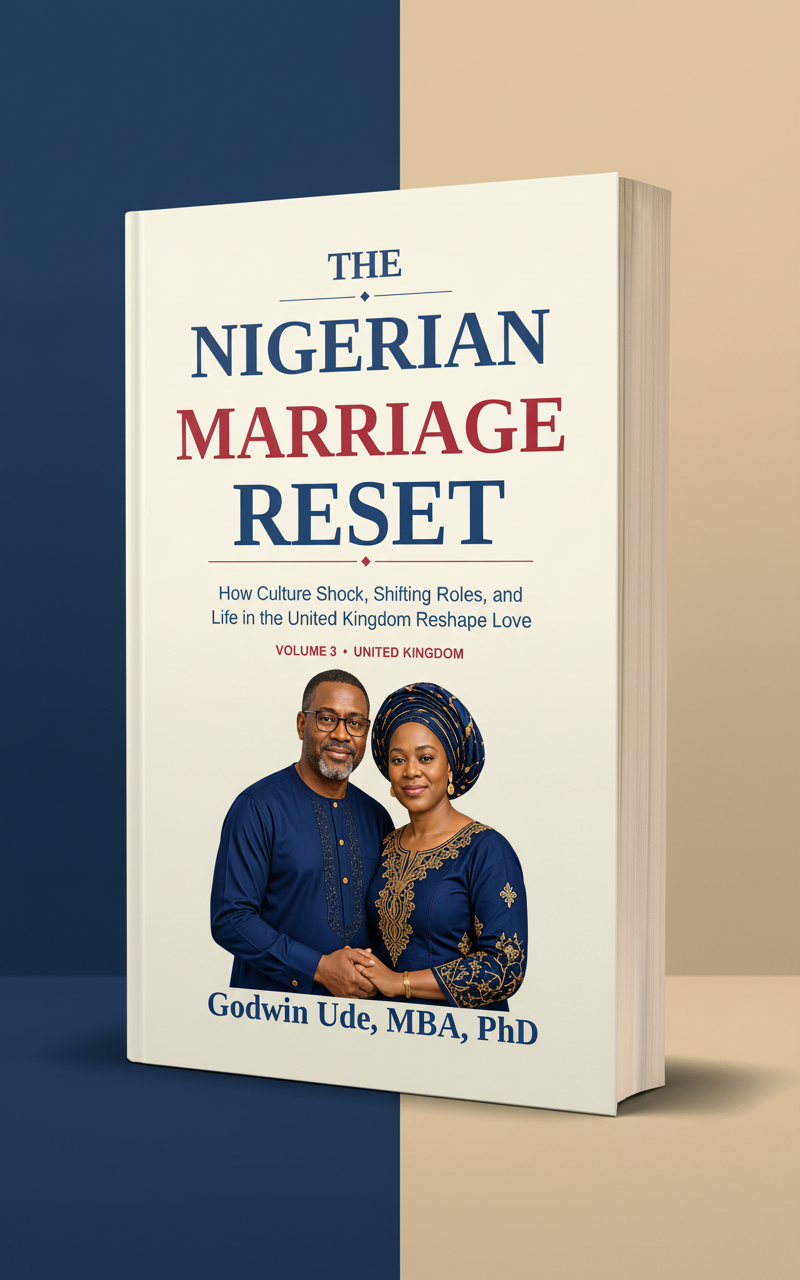 Promotional 3D book presentation for The Nigerian Marriage Reset United Kingdom edition